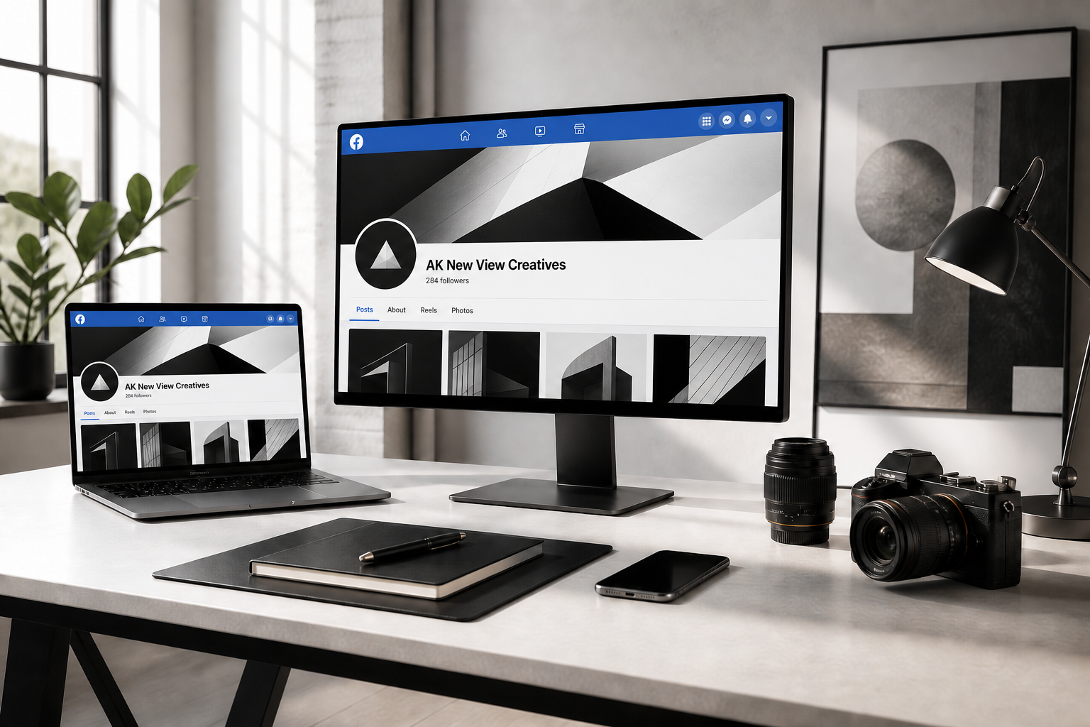 AK New View Creatives Facebook page displayed in a design studio